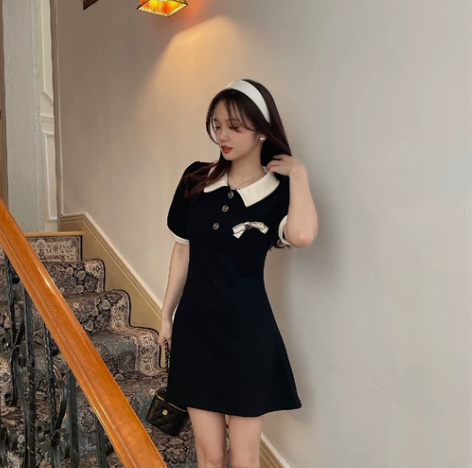 瘦瘦裙/polo黑色连衣裙女夏季高级感显瘦...