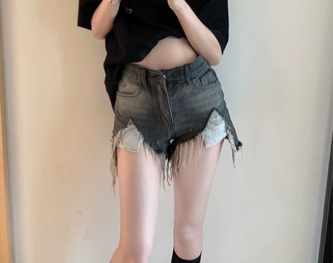 ?水洗做旧破洞毛边牛仔裤女夏季薄款热裤a字...