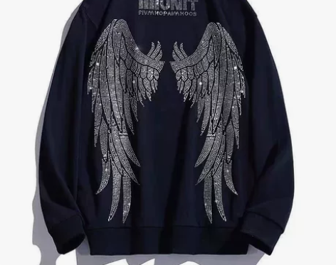 秋冬季圆领卫衣男重工烫钻大翅膀卫衣男女潮宽...