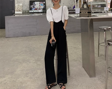 MULVAN黑色阔腿背带裤女2022新款高...