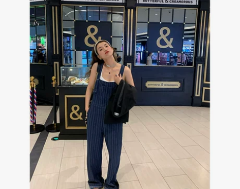 连体裤 连体裤长裤落落狷介藏青色条纹印花牛...