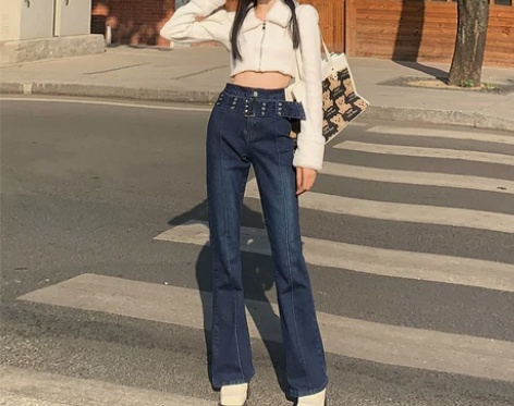 欧美风深蓝色微喇叭牛仔裤女2022年春秋新...