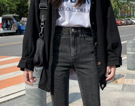 高腰牛仔裤女2021春季灰黑色弹力修身显瘦...