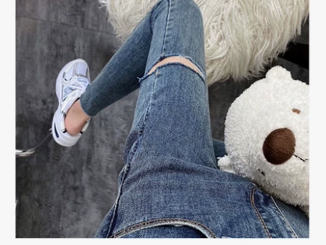 破洞牛仔裤九分chic铅笔小脚裤…蓝色破洞...