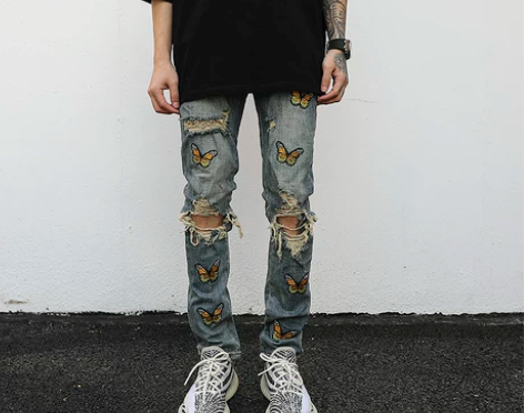 欧美高街风蝴蝶刺绣做旧破洞修身小脚牛仔裤 ...