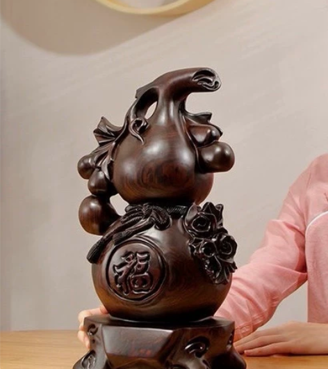 （亏本处理）黑檀木精雕刻实心葫芦摆件福禄大...