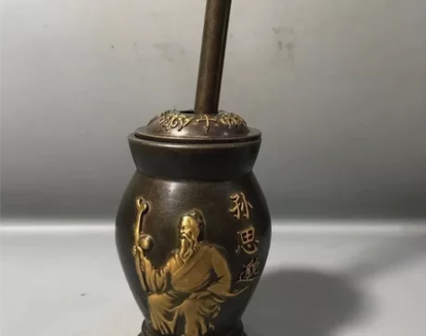 古玩铜器收藏仿古黄铜鎏金孙思邈捣药罐捣药器...