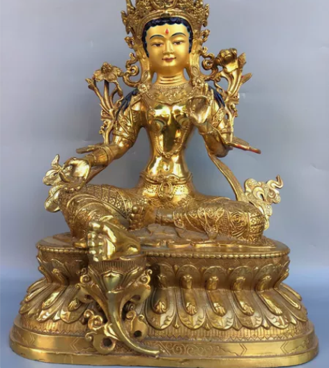 早年农村淘来藏区回流纯铜鎏金画脸绿度母佛像...