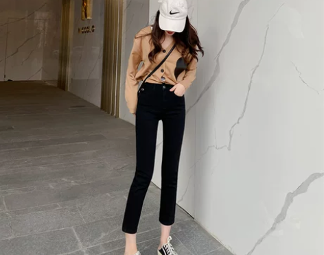 ?dcsh小个子黑色直筒牛仔裤女九分202...