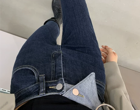 蓝灰色牛仔裤女2022年秋冬装新款薄绒高腰...