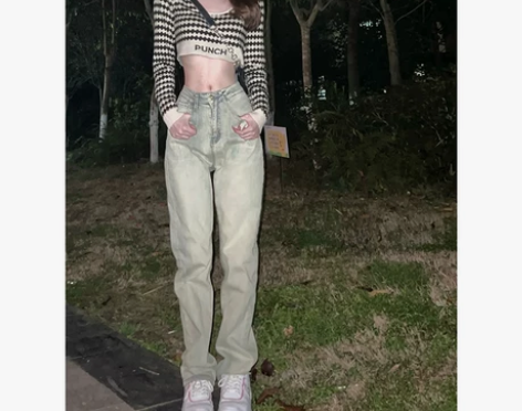 牛仔裤女 牛仔长裤黄泥染浅色直筒女春夏新款...