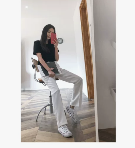 白色高腰阔腿裤女秋季垂感拖地长裤直筒裤港味...