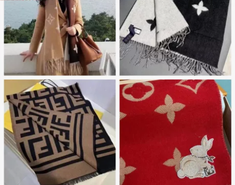 2022新款生肖兔子羊绒围巾黑灰双面渐变奶...