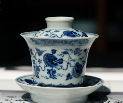 手绘 高温青花 瓜藤小盖碗 景德镇 全...