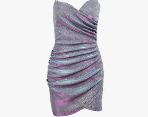 欧美闪亮交叉褶皱吊带连衣裙女时尚气质礼服裙...