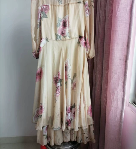 裙语阁长袖真丝雪纺连衣裙荷叶边大摆长裙尺码...