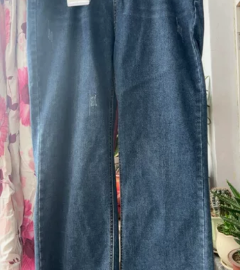 全新高腰弹力直筒大码牛仔裤女显瘦宽松毛边阔...