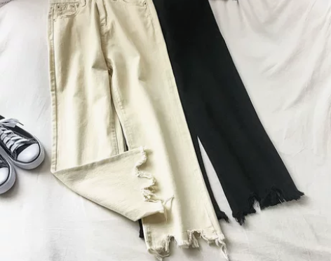 高腰毛边微喇叭牛仔裤女2022年秋春新款宽...