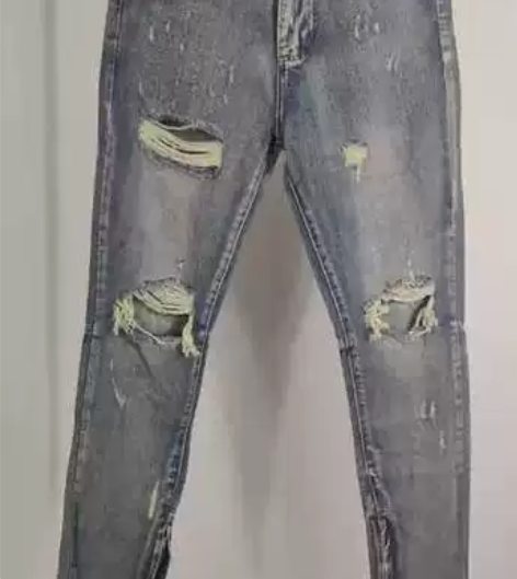 高街风格破洞牛仔裤男乞丐裤修身裤 纯棉做旧...