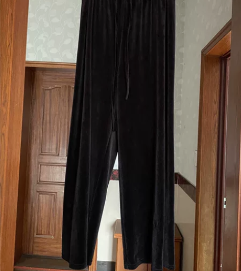 金丝绒阔腿裤高腰直筒长裤子垂坠感黑色拖地休...