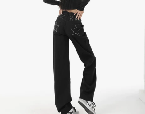 美式高街星星刺绣黑色牛仔裤女小个子高腰阔腿...