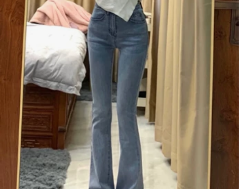 牛仔裤 牛仔裤子浅蓝色高腰微喇女2022年...