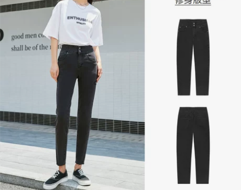 森马牛仔裤女弹力高腰长裤磨破绣花2022秋...