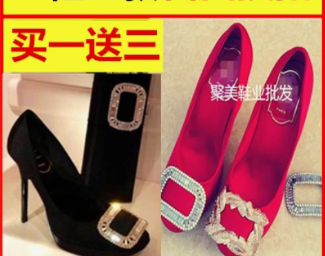 欧美新款rv超高跟鞋细跟单鞋方扣水钻防水台...