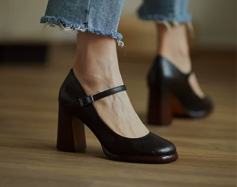 防水台高跟鞋女粗跟法式复古一字扣玛丽珍鞋黑...