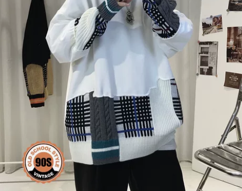 春秋季卫衣男潮流韩版宽松帅气拼接圆领上衣港...