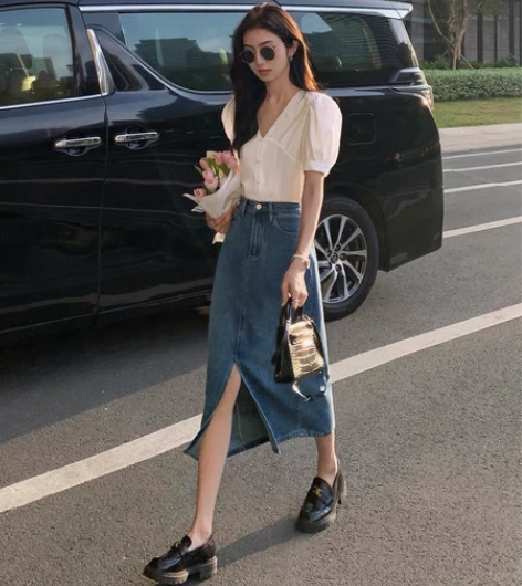 MULVAN复古开叉牛仔半身裙女2022春...