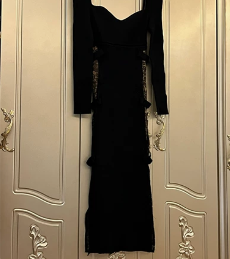 针织连衣裙女春秋中长款 收腰显瘦黑色气质性...