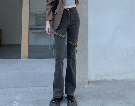 灰色高腰微喇牛仔裤女2021秋冬弹力显瘦喇...