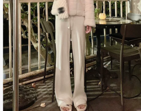白色针织阔腿裤女秋冬垂感高腰直筒宽松加厚奶...