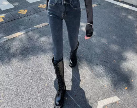 2022年秋冬灰黑色紧身小脚牛仔裤女高腰修...