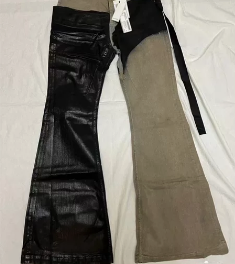 22FW RO做旧拼接双拼色蜡面秀款阔腿喇...