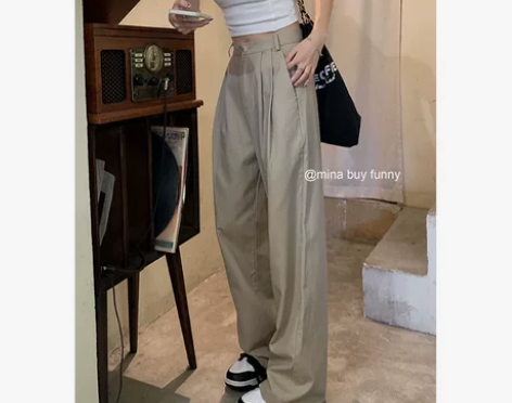 卡其色休闲裤女夏季薄款美式复古高腰显瘦宽松...