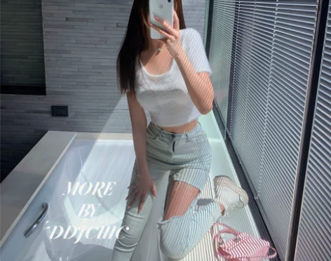 豆豆酱【行走的腿精】高腰破洞牛仔裤女乞丐铅...