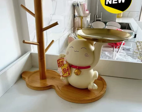 【包邮清仓】招财猫摆件玄关放钥匙收纳托盘摆...