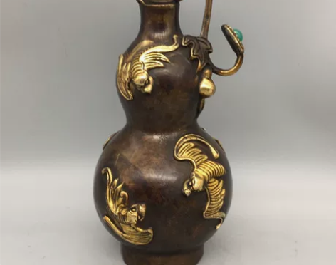 古玩铜器收藏鎏金镶玛瑙五福葫芦老物件摆件 ...