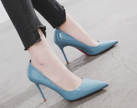 ?【全新】蓝色百搭性感漆皮红底高跟鞋女细跟...