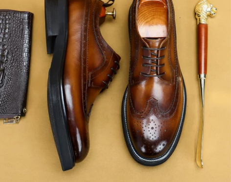 英伦布洛克雕花男鞋厚底增高大头真皮棕色商务...