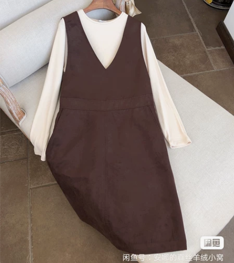 一件咖啡色背带连衣裙女士中长款休闲背带裙 ...