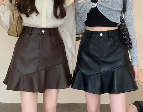 大码高腰鱼尾pu皮裙半身裙女秋季胖mm遮肚...