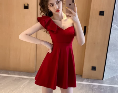 蓬蓬裙女收腰a字露肩赫本风连衣裙红色小礼服...