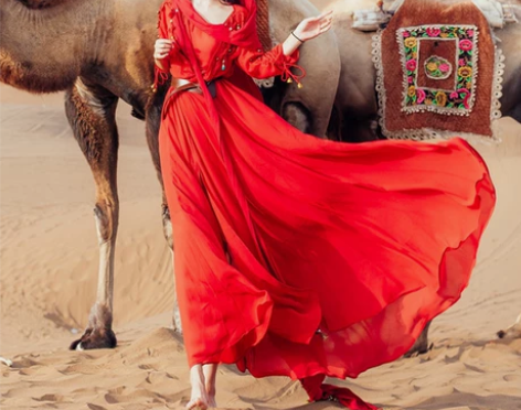 西藏旅游必备女装复古民族风红色拍照连衣裙茶...