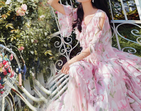 云南洱海旅游拍照写真超仙女裙粉色雪纺印花连...