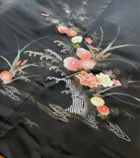 草花流水黑羽织 和服真丝蚕丝面料中古回流 ...