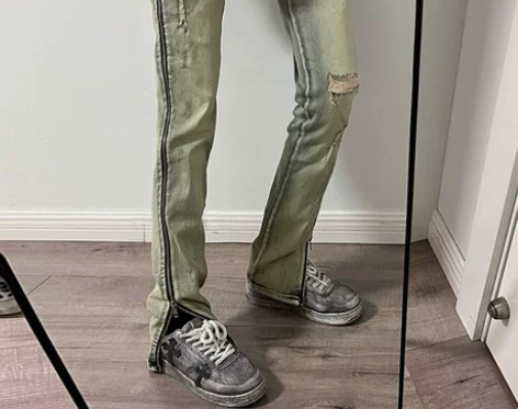 野肆高街潮流侧边拉链拼接牛仔裤女做旧复古高...