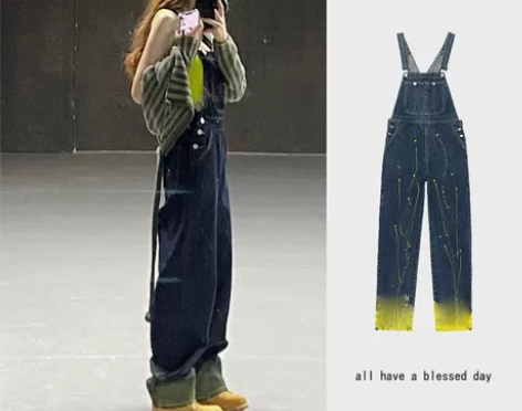 ?高腰阔腿牛仔裤 女 美式复古工装背带裤九...